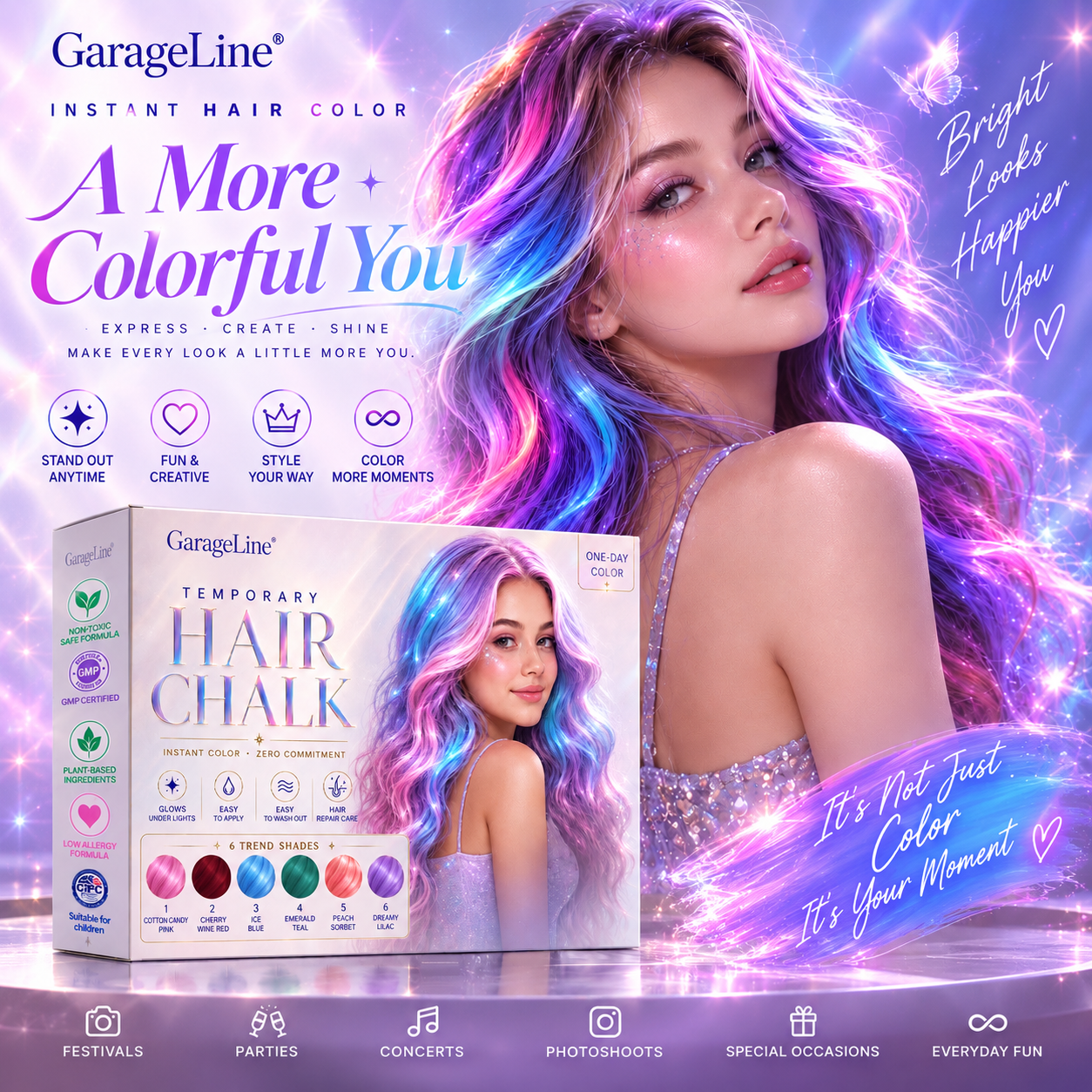 🔥Save 50% Today丨GarageLine® 3-in-1 Luminous Temporary Hair Chalk — Instant Color, Hair Repair & Party-Light Glow🌌