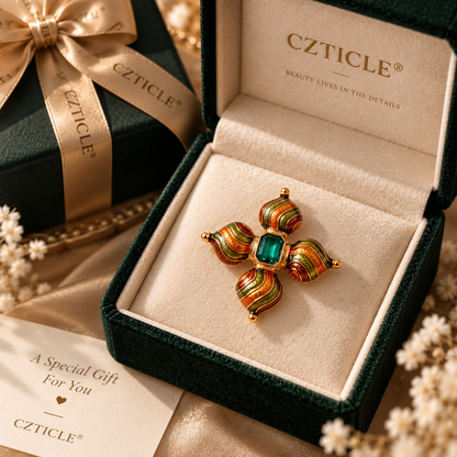 CZTICLE® Vintage Emerald Enamel Brooch – Timeless Art-Inspired Elegance
