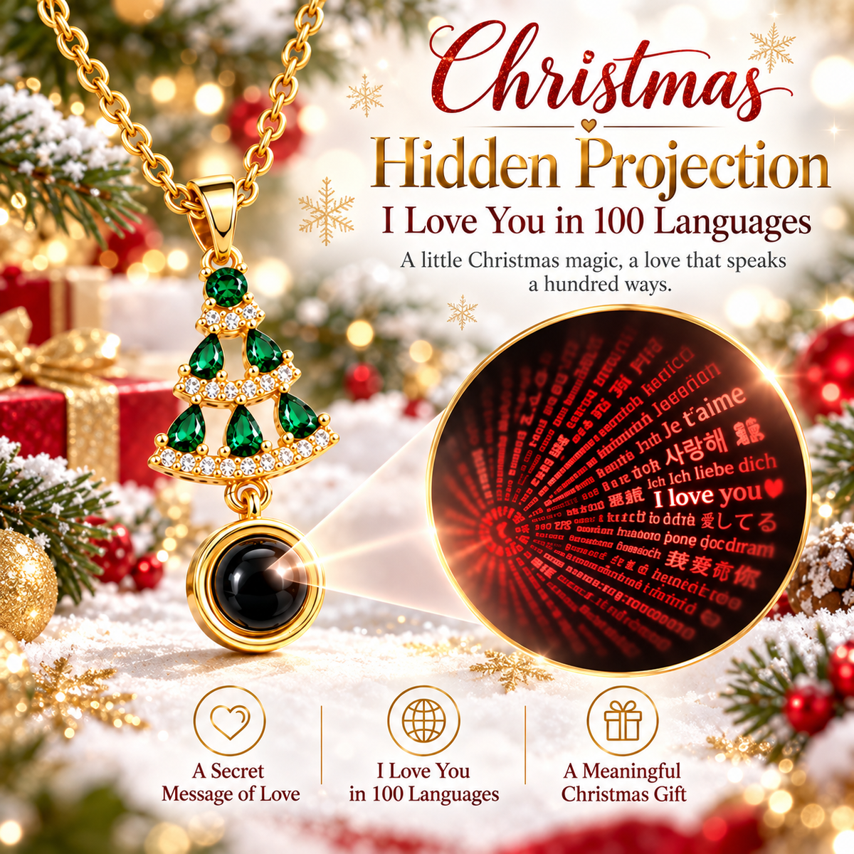 Vivalora® Christmas Tree Projection Necklace – “I Love You” in 100 Languages Pendant 🎄❤️