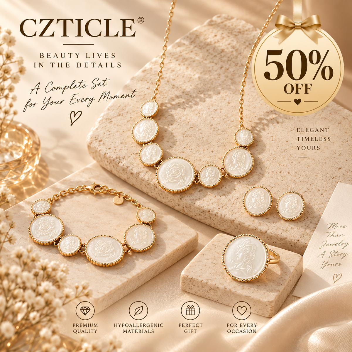 CZTICLE® Timeless Pearl Glow 4-Piece Jewelry Set – Necklace, Bracelet, Earrings & Ring ✨